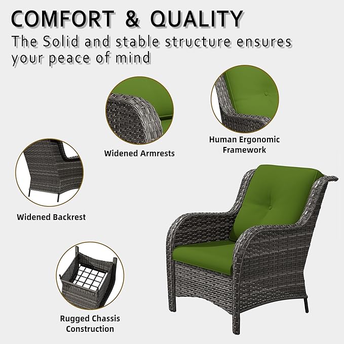 6 Pcs Patio Furniture Set with Fire Table-31'' Fire Pit Table, 1 Side Table, 4 Outdoor Rattan Wicker Conversation Chairs (2 Fixed & 2 Swivel) （Green）