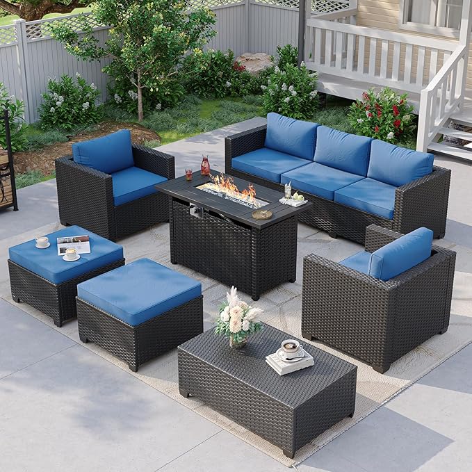 Aoxun Patio Furniture Set with Fire Pit Table, 7 Seats Piece Outdoor Furniture Set with Wicker Ottomans, Rattan Outdoor Sectional Sofa with Storage Table & Waterproof Cover Navy Blue