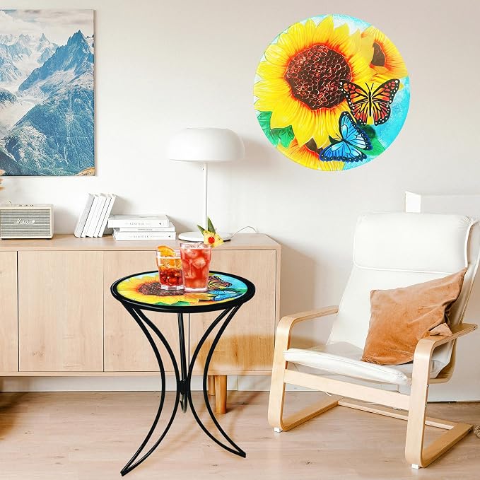 J-Fly 12 Inch Outdoor Side Table, Round Patio Accent Indoor End Table with Glass Top & Metal Base for Living Room, Office, Balcony, Sunflower Butterfly Indoor Furniture Valentine Decor(20" Height)