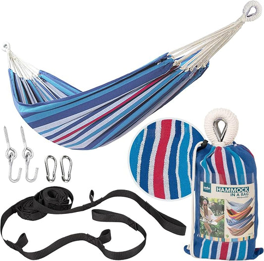 Bliss Hammocks 40" W Single Outdoor Hammock with Hand-Woven Rope Loops & Tree Straps, Patio, Durable, Cotton/Polyester, 220 Lbs Capacity, Patriot Stripe