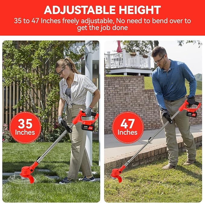 3-in-1 Cordless Grass String Trimmer, Brush Cutter & Edger Lawn Tool with 2X 24V 4.0Ah Li-ion Batteries, Telescopic Shaft and 17 Replacement Blades for Lawn Care, Garden & Yard Trimming (Red)