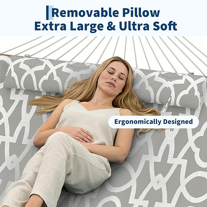 2 Person Outdoor Hammock with Stand, Cotton Rope Hammock with Polyester Pad, Adjustable Steel Frame, 2-in-1 Hammock for Patio, Backyard, Garden, Beach（Light Gray Stripes）
