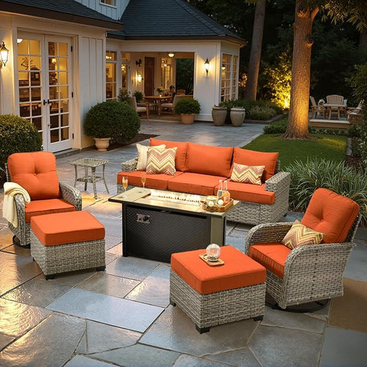 HOOOWOOO Sectional Patio Furniture Set with Fire Pit Table,9 Pieces Wicker Outdoor Furniture Couch,Outside Conversation Set Extra Deep Seat Sofa Wide Rocking Chairs Ottomans Arm Solar Table,Brick Red
