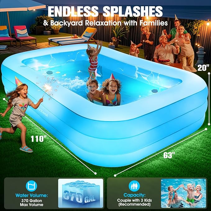 Inflatable Pool with Pool Lights and Seat, Durable Thickened Large Size Family Inflatable Pools for Adults Blow Up Pools,110" x 63" x 20"Swimming Inflatable Kids PooI for Backyard,Outdoor (White)