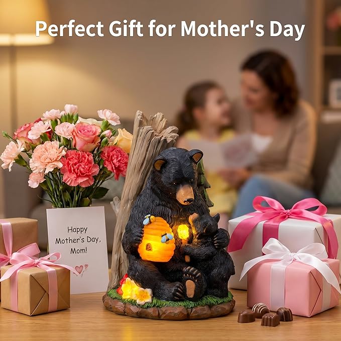 Candieslife Solar Bear Garden Statue with Glowing Beehive & Cub - Outdoor LED Figurine Decor for Patio, Lawn, Yard Art - Unique Mother's Day Housewarming Gift for Women, Mom, Grandma