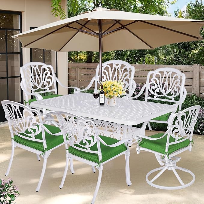 7-Piece Outdoor Patio Dining Set, 60” Rectangular Cast Aluminum Dining Table with Umbrella Hole and 4 Stationary, 2 Swivel Rocker Chairs, 6 Cushioned, Backyard, Patio, Garden, White