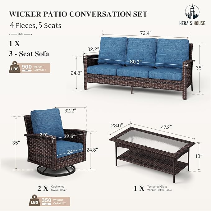 HERA'S HOUSE Patio Furniture Set, High Back Swivel Outdoor Chair with 5.5" Thick Cushions, Oversized Deep Seating Wicker Conversation Set for Lawn Backyard Deck, Navy Blue