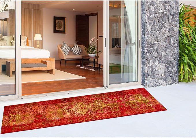 Liora Manne Marina Indoor/Outdoor Power Loomed Synthetic Blend Low Profile Area Rug - Traditional Medallion Casual Colorful (Kermin Saffron) (1'11" x 7'6")