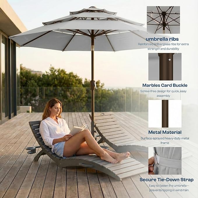 10ft Patio Umbrella, 3 Tier Outdoor Market Table Umbrellas with 8 Fiberglass Ribs and Push Button Tilt, Windproof, Vented Canopy, UV Protection for Deck, Pool, Backyard