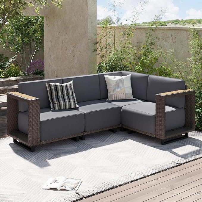 Aoxun Patio Furniture Set, 4 Piece Outdoor Wicker Sectional Sofa Set, All-Weather Rattan with 10'' Ultra-Thick Cushions, Outdoor Conversation Set for Backyard, Poolside and Garden, Brown/Dark Gray