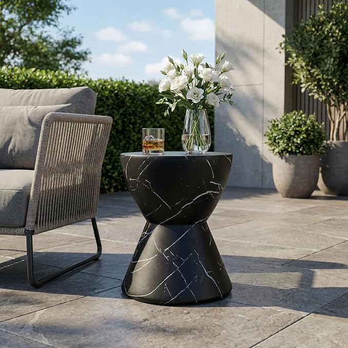 Outdoor Side Table Faux Marble End Table Faux Stone Side Tables Travertine Small Coffee Tables for Indoor Outdoor, Garden Stool Plant Stand for Porch, Backyard Patio, 15"*19" Black