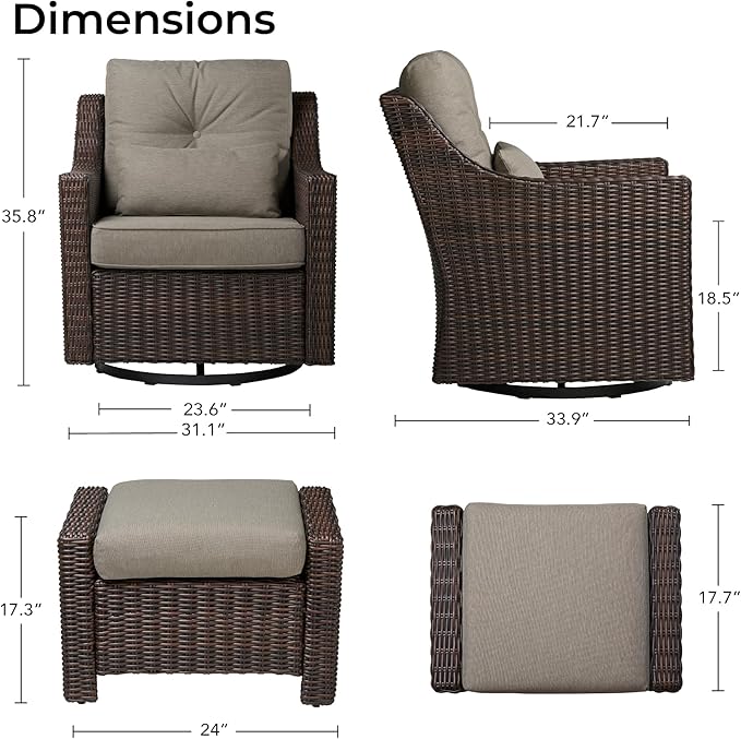 CHITA 2 Pieces Patio Wicker Furniture Set, Outdoor Rattan Bistro Set with Rocking Swivel Chair, Thickened Cushions and Ottoman