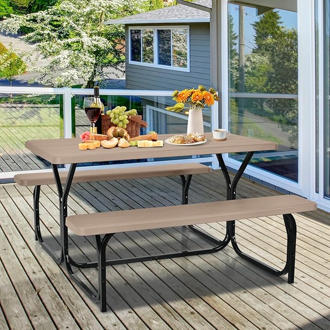 HAPPYGRILL Outdoor Picnic Table Bench Set with Metal Frame, Camping Table Set for Patio Backyard Poolside Garden Dining Party