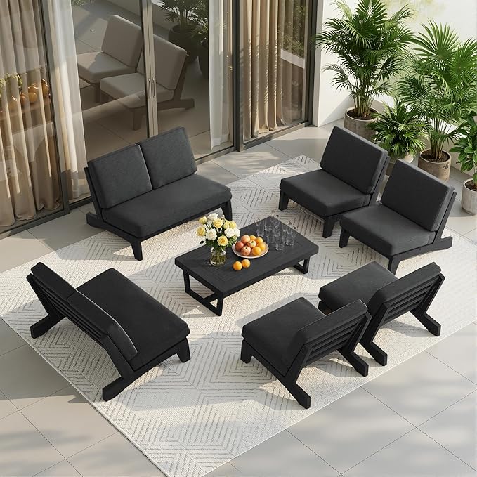 UIXE 8 Pieces All Weather Black Wood Patio Furniture Sets, 2 Patio Loveseat, 4 Patio Bistro Chair, Outdoor Sectional Sofa Furniture Backyard Conversation Set with Coffee Table - Dark Gray