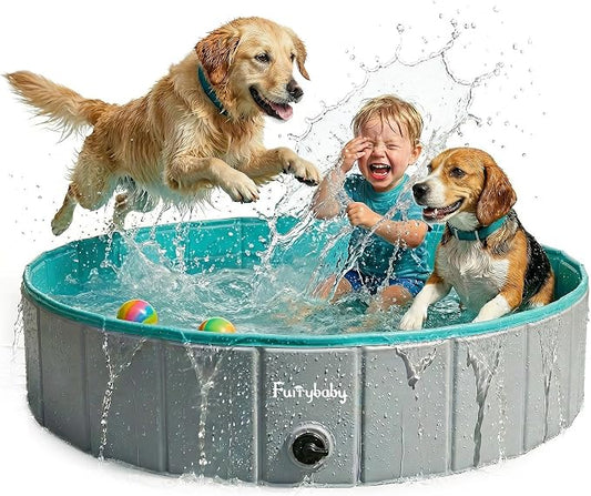 Furrybaby Dog Pool, Kiddie Pool Hard Plastic Foldable Dog Pools for Large Dogs Portable Pet Doggie Wading Swimming (Grey 47'') Indoor and Outdoor