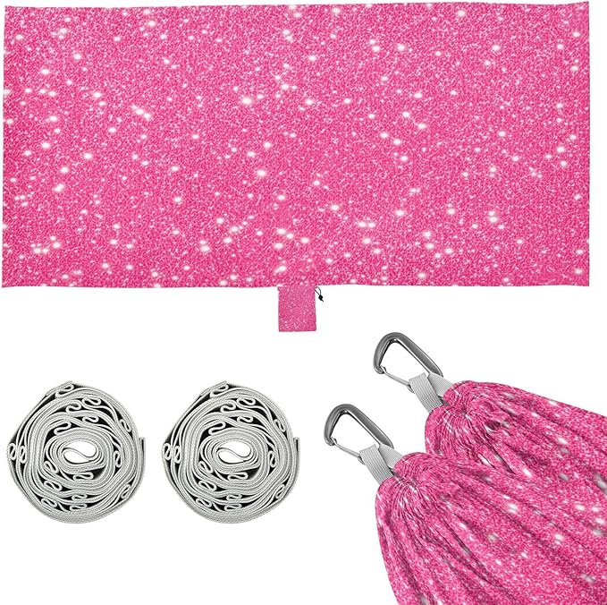 Pink Sparkling Glitter Camping Hammock, Portable Lightweight Single Hammock with Tree Straps and Aluminum Carabiners, 114" x 54" Travel Hammock for Hiking Backpacking Beach