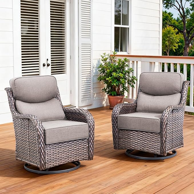Luxury Outdoor Swivel Rocker Patio Chairs Set of 2 with 6-Inch Thick Cushions, High Back Swivel Patio Chairs Wicker Outdoor Gliders for Porch, Yard, Deck, Poolside, Brown/Grey