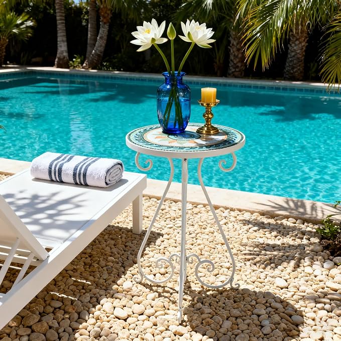 Vintage Outdoor Side Table Round Mosaic Ceramic Tile Top 14" Diameter Metal Plant Stand for Flower Pots Vase Garden Home Porch Pool Indoor Decor Weather Resistant Outside Patio Accent End Furniture