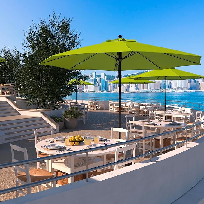 California Umbrella 11Ft Commercial Grade Sunbrella Fabric Market Umbrella, Pulley Lift, Aluminum/Fiberglass, 2mm pole wall, Bronze Frame, Macaw Fabric