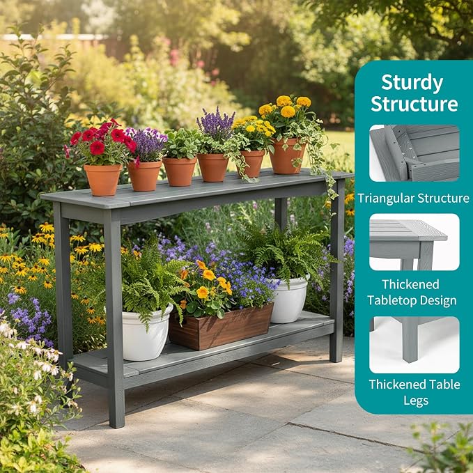 Outdoor Console Table, All-Weather 2-Tier Patio Console Table, Outside Plant Stand Table, Low Maintenance, Never Rot or Fade, HIPS Table for Indoor, Backyard, Garden, Entryway, Grey