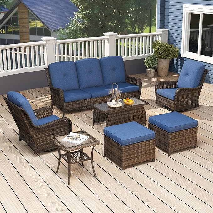 kinbor Outdoor Sectional Furniture - Outdoor Patio Conversation Sets, 7 Pieces Outdoor Sectional Sofas with Swivel Rocking Chair, Brown Wicker Rattan Patio Furniture Set, Navy Blue
