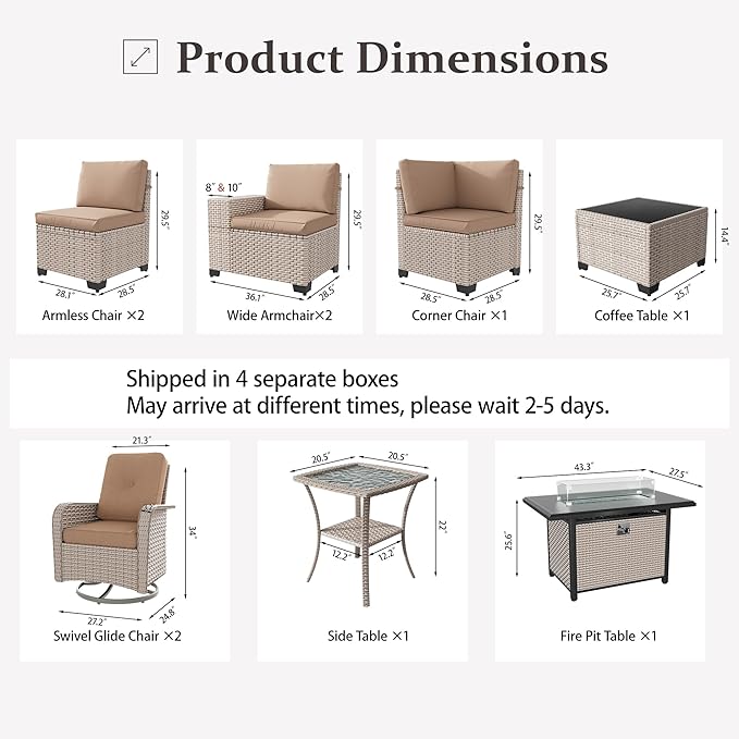10 Pieces Patio Furniture Set with Fire Pit Table, Outdoor Sectional Wicker Sofa with Thick Cushions, High Back Swivel Rocker Patio Chairs, Rattan Conversation Set with Coffee Table, Khaki