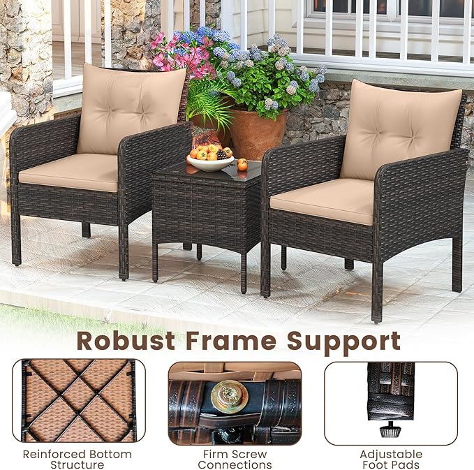 HAPPYGRILL 3 Piece Patio Bistro Set Rattan Wicker Outdoor Conversation Set with Cushions and Coffee Table, Outside Furniture with Rattan Chairs for Porch, Balcony, Deck and Garden (Beige)
