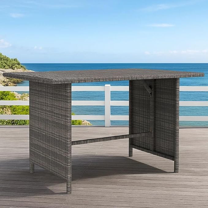 Benjara Outdoor Dining Table, 43 Inch Rectangular Top, Dark Gray Poly Rattan