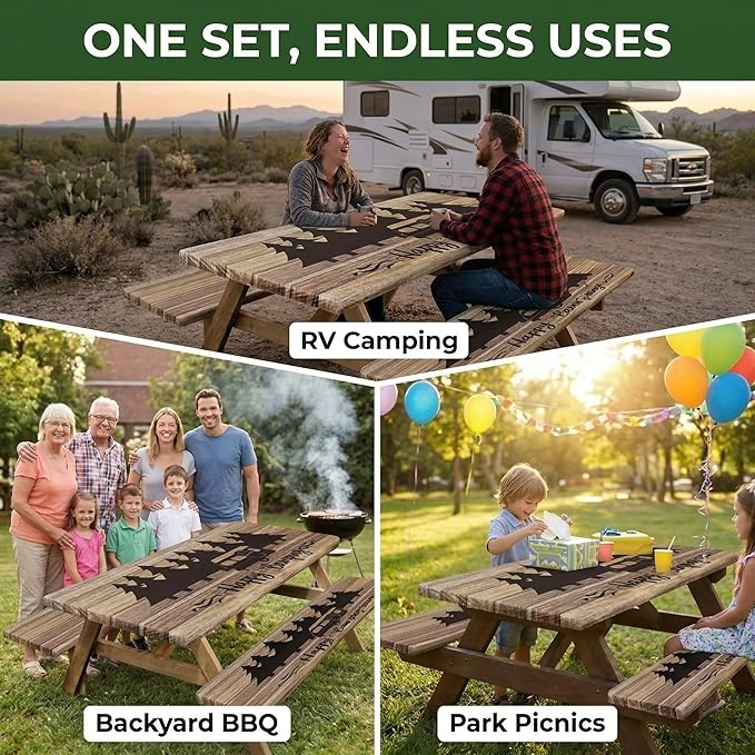 Picnic Table Cover with Bench Covers Elastic Edges, Wooden Camper Fitted Table Cover, Outdoor Patio Camping Essentials 72 Inch 3PCS, Waterproof Camping Fitted Tablecloth with Drawstring Bag
