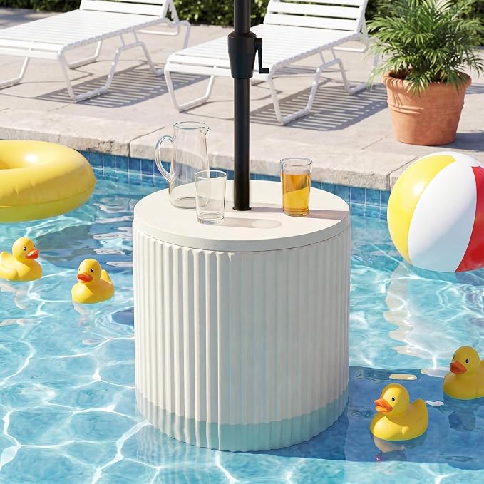 COSIEST Outdoor Side Table with Umbrella Hole,Patio Umbrella Stand Fits 1.5"-1.9" Pole,Durable Umbrella Side Table for Garden, Deck & Pool,Easy Assembly,White