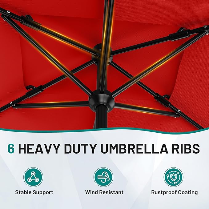 AreShark 6.5'x10' 2 Tiers Rectangular Patio Umbrella - Outdoor Umbrella Waterproof UV Protection, Market Table Umbrella w/Push Button Tilt for Pool, Lawn, Balcony(Red)