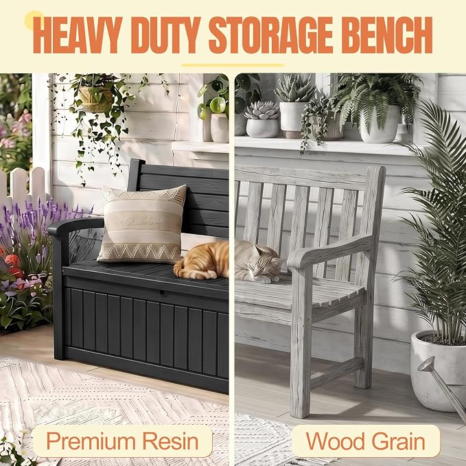 Storage Bench Outdoor Deck Box,100 Gallon Waterproof & UV Resistant Lockable Patio Furniture Seating.Indoor/Outdoor Shoe Storage Cabinet for Garden Cushions,Tools,Patio,Pool Supplies(Black)