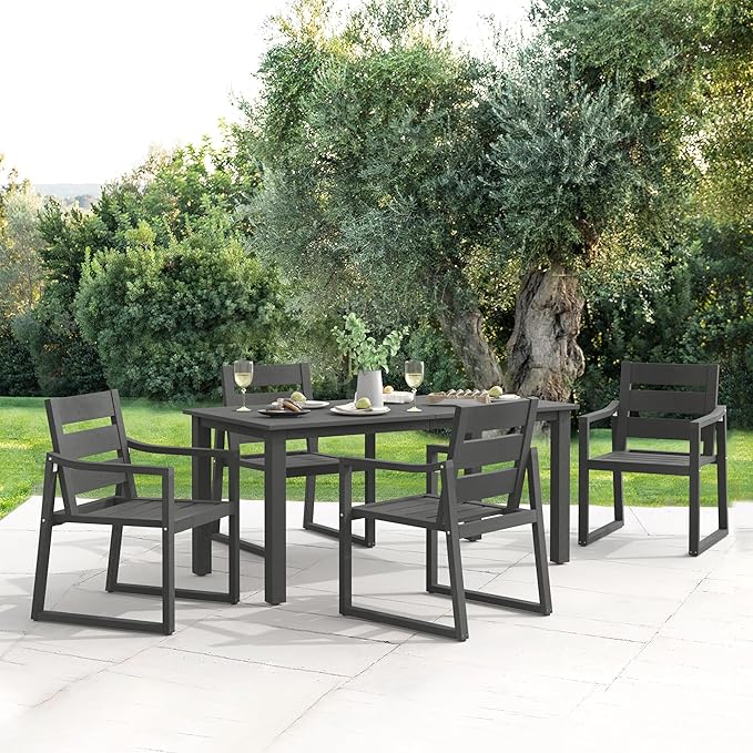 Cozyman Patio Table and Chairs Set, HDPS 5-Piece Outdoor Dining Set, Patio Furniture for Deck, Poolside, and Backyard, Dark Gray