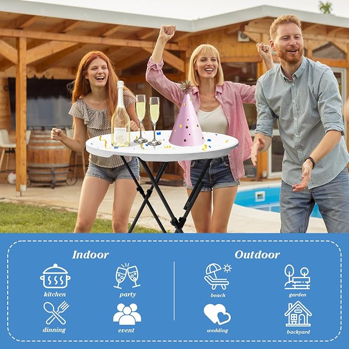 2 Sets 32in Round Folding Cocktail Tables with Spandex Stretch Table Covers for Indoor Outdoor Use Portable Ideal for Parties Events Dining and Gatherings (White Set+2cloth)