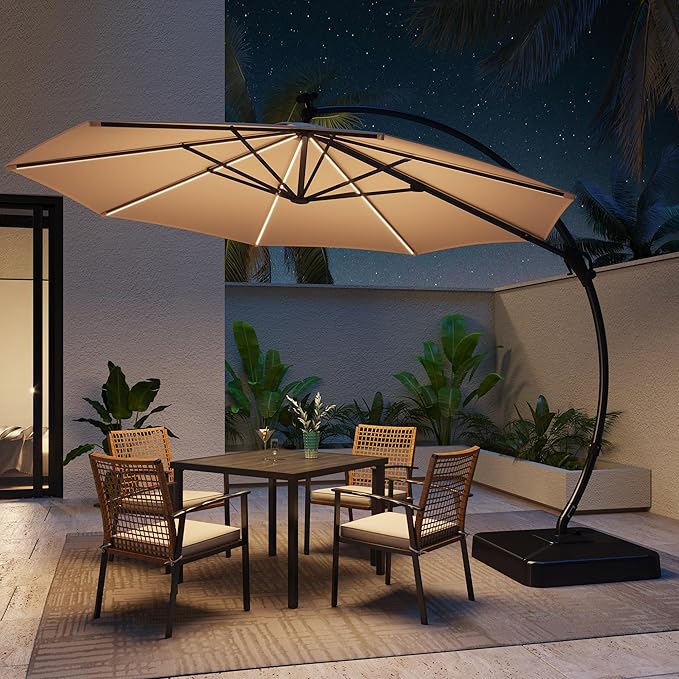 LAUSAINT HOME 11ft Patio Cantilever Umbrella with Base Included, Outdoor Curvy Round Offset Umbrella, Heavy Duty Aluminum, 360° Rotation for Pool, Deck, Lawn, Backyard (Beige with LED)