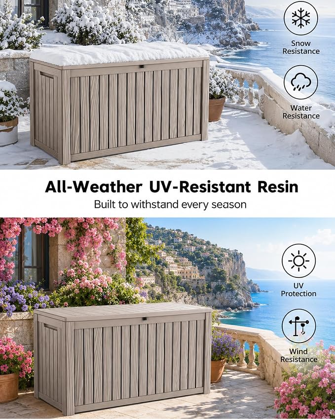 MAKINO 205 Gallon Large Waterproof Deck Box, Heavy Duty Resin Outdoor Storage Box, Outdoor Storage Bench with Hydraulic Rod for Patio/Cushions/Garden Tools/Backyard/Pool Accessories, Grey Brown