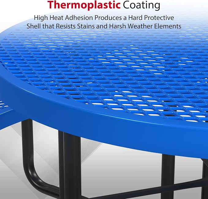 Leisure Craft Metal Picnic Table with Bench - 46" Round Outdoor Dining Table for 8 with Umbrella Hole, Weatherproof Heavy Duty Thermoplastic Coating, Commercial Grade Furniture Made in USA - Blue