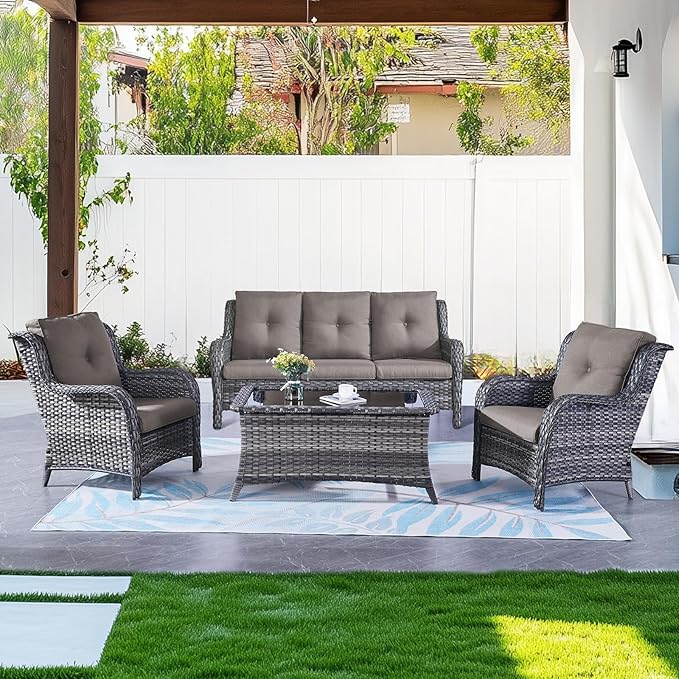 Belord Outdoor Wicker Furniture 5 Pieces Patio Furniture Set Patio Chairs with Ottomans and Side Table Conversation Set for Porch Garden Deck Balcony Poolside