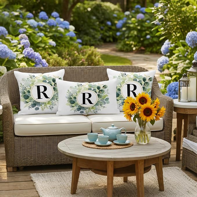 Letter R Waterproof Outdoor Pillow Covers Set of 2 Home Decor, Alphabet Green Eucalyptus Leaves Lumbar Pillowcase Patio Pillow Covers for Couch Bench Patio Furniture Garden 20x12in
