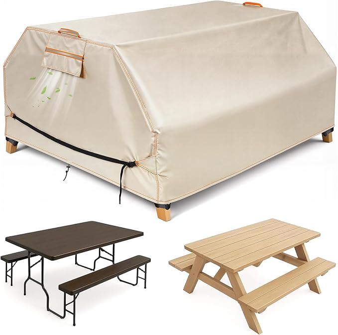 Patio Picnic Table Cover Waterproof, 70 / 72 Inch Patio Picnic Table Bench Cover, Heavy Duty 420D Oxford Fabric Anti UV Windproof with Adjustable Straps Air Vent, Fits 6 FT Picnic Tables, Khaki