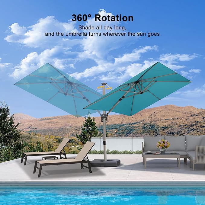 PURPLE LEAF Patio Umbrella with Base Included, 8ft Outdoor Aluminum Cantilever Umbrella with 360° Rotation, Champagne Offset Umbrella for Outdoor Garden Pool, Turquoise Blue