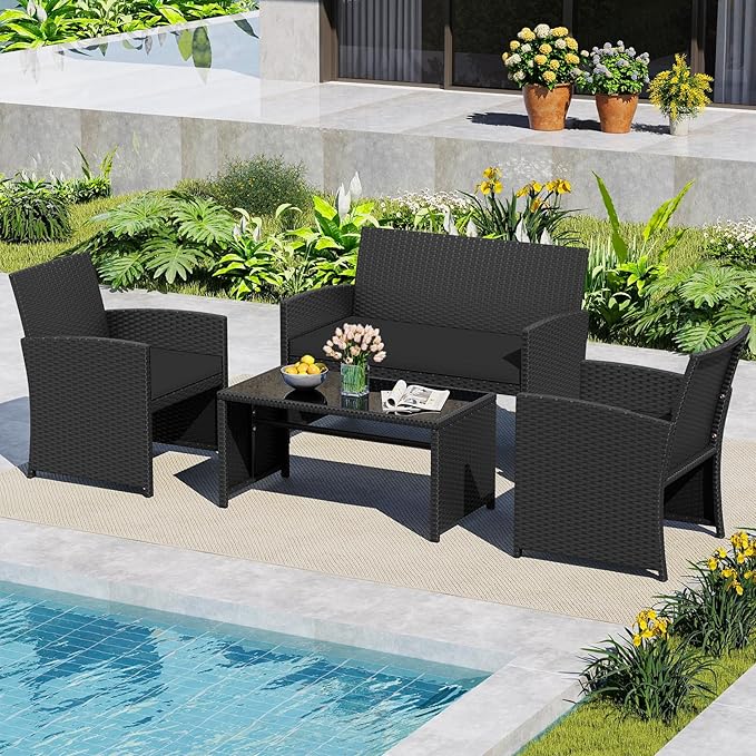 HAPPYGRILL 4 Piece Rattan Wicker Patio Conversation Set, Outdoor Furniture with Chair Loveseat Table & Cushion, for Backyard Porch Balcony (1, Black & Black)