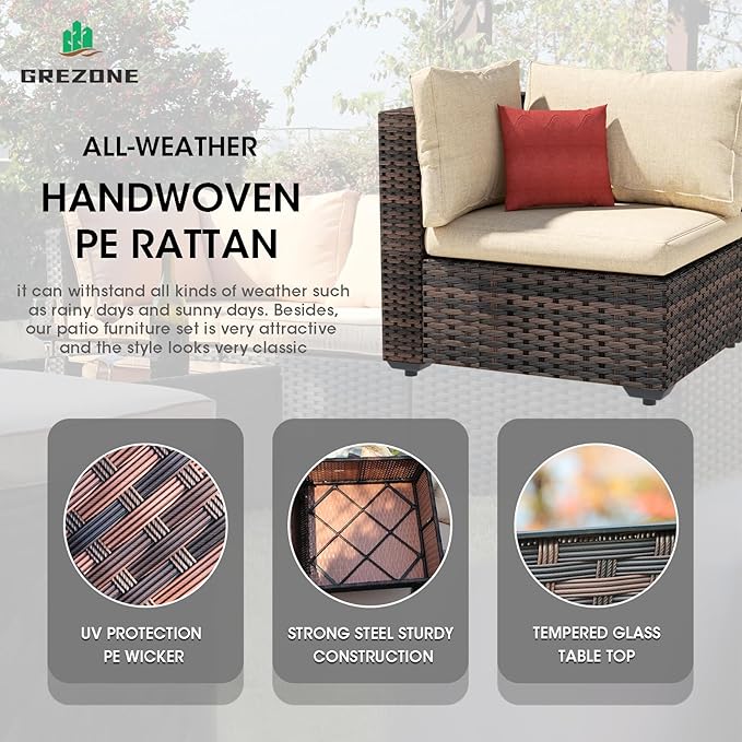 Grezone 7 Piece Patio Furniture Set with Fire Pit Table, Patio Sectional Furniture Sofa Set, Patio Conversation Sets with Cushions and Glass Coffee Table for Garden Lawn Balcony Porch Deck,Beige
