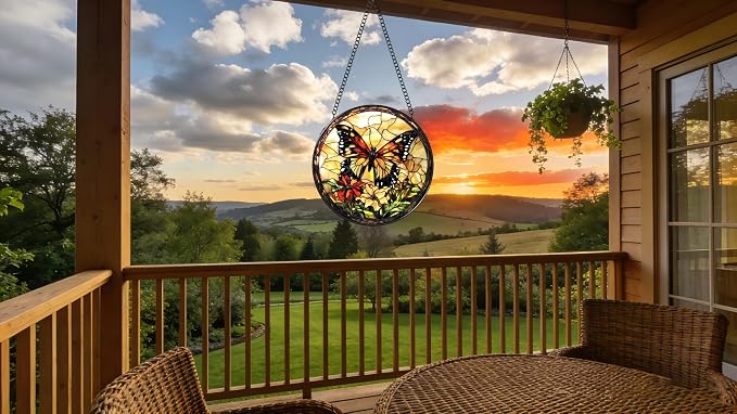 Stained Glass Window Hanging - Butterfly Red Flowers Yellow Flowers 6.3 Inches Suncatcher for Garden Home Decor for Women Mom Grandma Friends