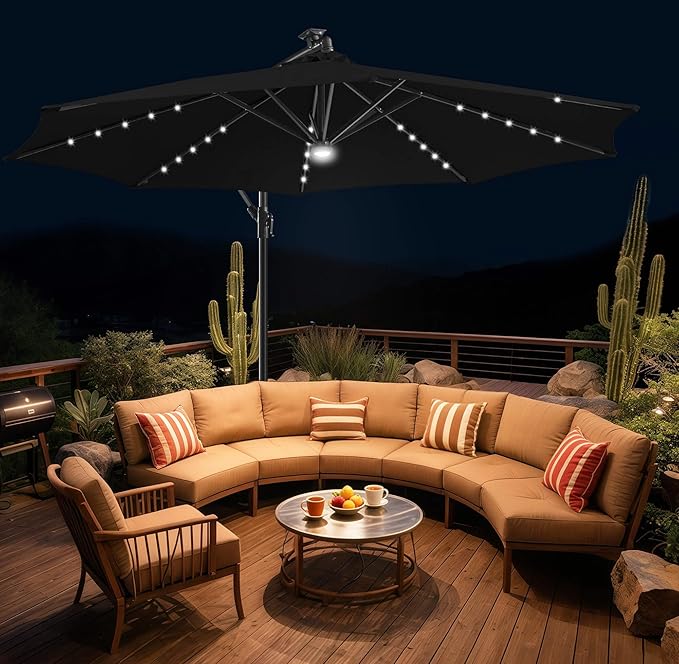 FLAME&SHADE 10ft Solar Cantilever Umbrella with 40 LED Lights, Lighted Large Offset Outdoor Patio Umbrellas, 8 Sturdy Ribs, UPF50+ UV Protection for Pool Deck Garden Yard, Black