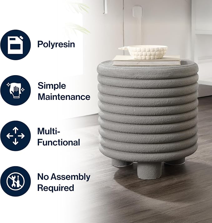 JONATHAN Y Evans Modern Ribbed Drum Outdoor Accent Table, 18" H Weather-Resistant Footed Garden Stool for Patio, Porch, and Living Room, Frosted Gray TBL1107A