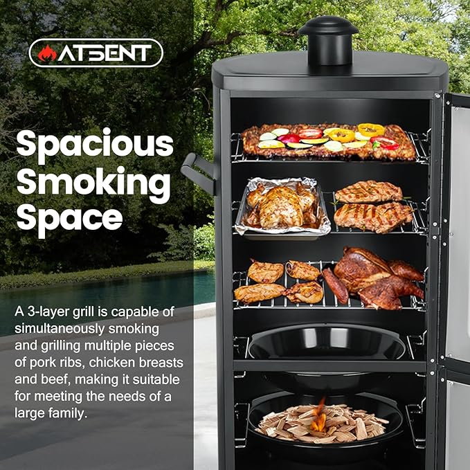 Propane Smoker, Vertical Smoker with Three Removable Shelves,Outdoor Grills & Smokers with Thermometer and Cover for Outdoor BBQ,