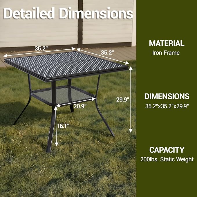 35.2" Square Outdoor Bistro Table, All-Weather PE Rattan Patio Side Table w/Sturdy Metal Frame & Adjustable Foot Pads, Wicker Dining Table for Poolside Backyard Garden Balcony, Black/White