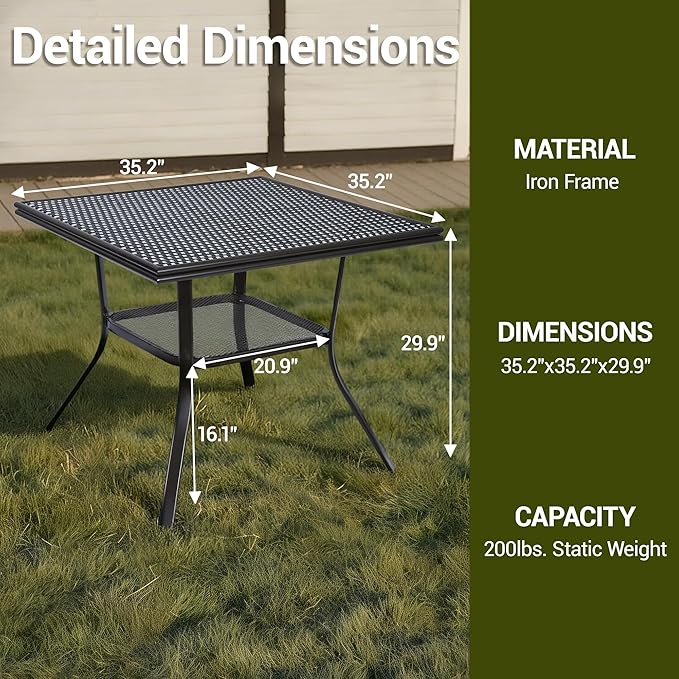 35.2" Outdoor Dining Table for 4 Person, Square Patio Dining Bistro Table with Sturdy Metal Frame & Adjustable Foot Pads for Garden, Backyard and Porch, Partitioned Storage Rack, Black