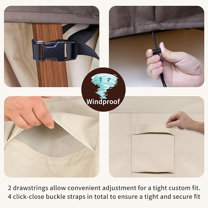 Round Patio Furniture Cover 60 Inch Waterproof, Heavy Duty UV Protection Outdoor Chair Covers for All Seasons, Durable Weatherproof Patio Table Covers with Tie (Beige & Brown，96" DIAx28 H)
